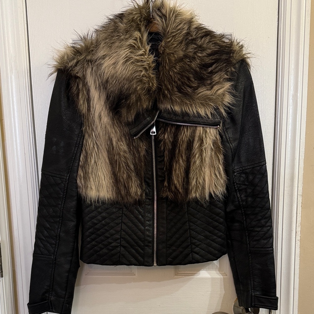 Bebe Black Leather Jacket with Faux Fur Trim